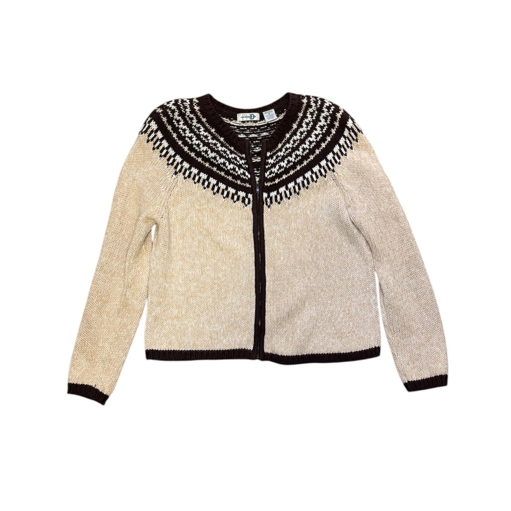 Vintage 90s Fair Isle Knit Cardigan Zip-Up Cottagecore Cream Brown S